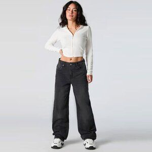 Refuge Wide Leg Jeans High Waist 100% Cotton Denim Faded Black Retro NEW